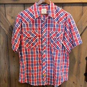 Dubinik Short Sleeve Pearl Snap Shirt Men’s XL Red Blue White Plaid Cotton Blend